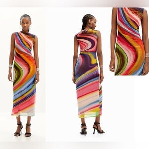 Desigual Tulle Wave Midi Dress Ruched Sz XS Rainbow Bright Spring Easter